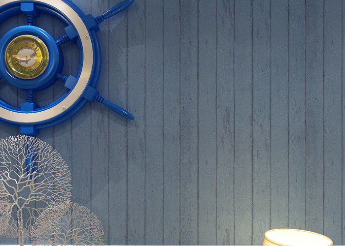 Mediterranean Style Modern Striped Wallpaper , Blue Non woven Wallpaper for TV Background