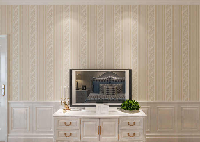 Custom Non Woven European Style Wallpaper With Beige Stripes And Floral Pattern