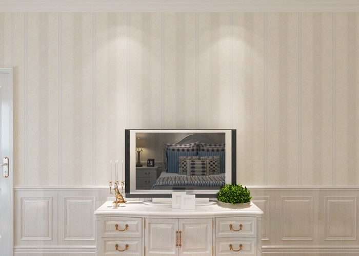 Beige Damask Pattern Non Woven Wallpaper / Embossed Living Room Striped Wallpaper