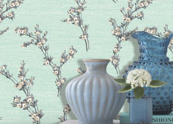 Green Leaf Pattern Non Woven Wallcovering / Flocking Home Decorating Wallpaper
