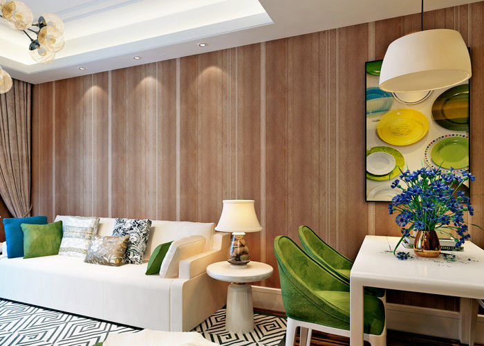 Brown Embossment PVC Living Room Striped Wallpaper Water Resistant Wallpaper