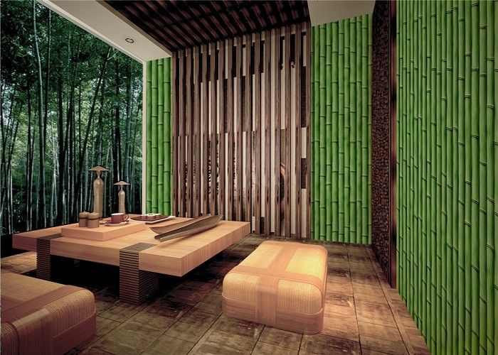 Bamboo Embossed Peelable Durable Velvet Flock Wallpaper Green / Yellow