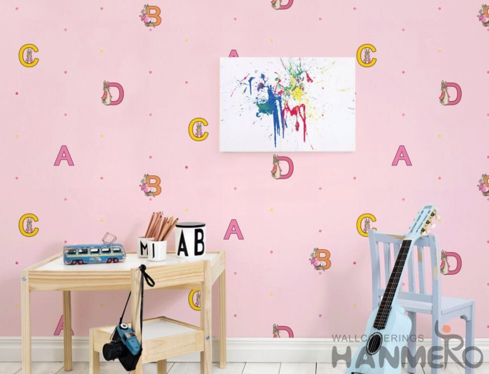 Modern English Letters Kids Bedroom Wallpaper Pink Color Wallcovering