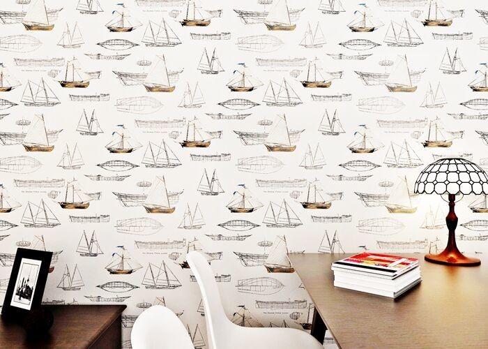 White Boat Pattern Modern Removable Wallpaper , Luxury Non Woven Wallcovering